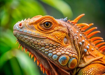 Obraz premium Vivid Orange Iguana Portrait: Detailed Scales and Spines - Drone Aerial Photography