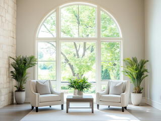 Bright and Elegant Living Room with Large Window and Indoor Plants
