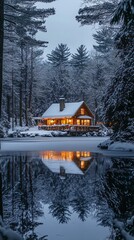 Fototapeta premium house near a winter lake in the evening