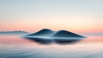 Serene sunrise over calm ocean, twin islands, misty mountains. Peaceful nature scene for travel brochures