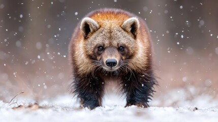 Obraz premium Wolverine in snowy forest, winter wildlife portrait