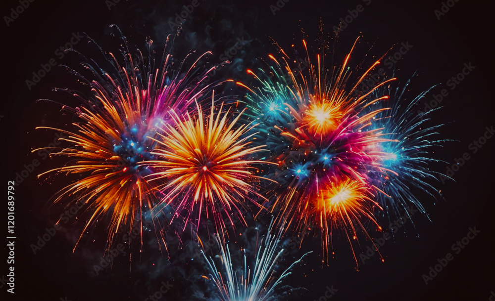 Poster Three fireworks are lit up in the sky, creating a colorful and festive atmosphere. The fireworks are arranged in a row, with the middle one being the tallest and the other two being smaller. The