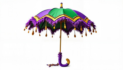 Colorful feathered umbrella with green and purple design
