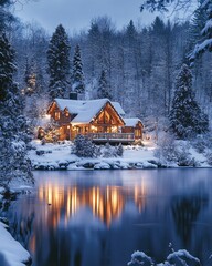 Fototapeta premium house near a winter lake in the evening