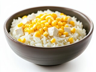 Cooked rice with tofu and sweet corn in a bowl. Steamed white rice mixed with tofu and sweet corn in a ceramic bowl. Emphasizing plant-based and colorful dish. Ideal for food blogs and vegan recipes.
