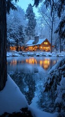 Obraz premium house near a winter lake in the evening
