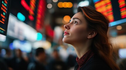 Fototapeta premium Woman observing digital stock market displays in a busy financial district