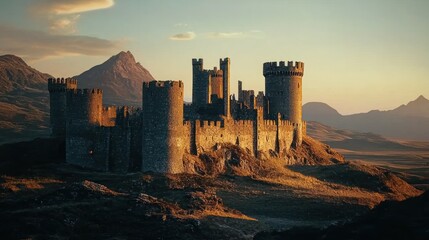 Majestic medieval castle ruins at sunset, overlooking a vast landscape.