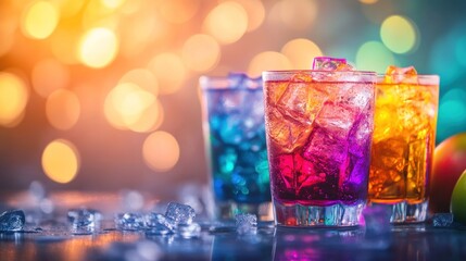 Colorful cocktails, ice, party lights. Festive drinks menu