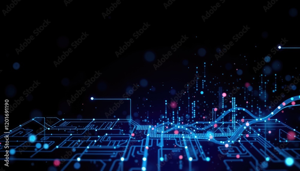 Poster Abstract digital data streams and connections visualized as glowing lines and nodes on dark background