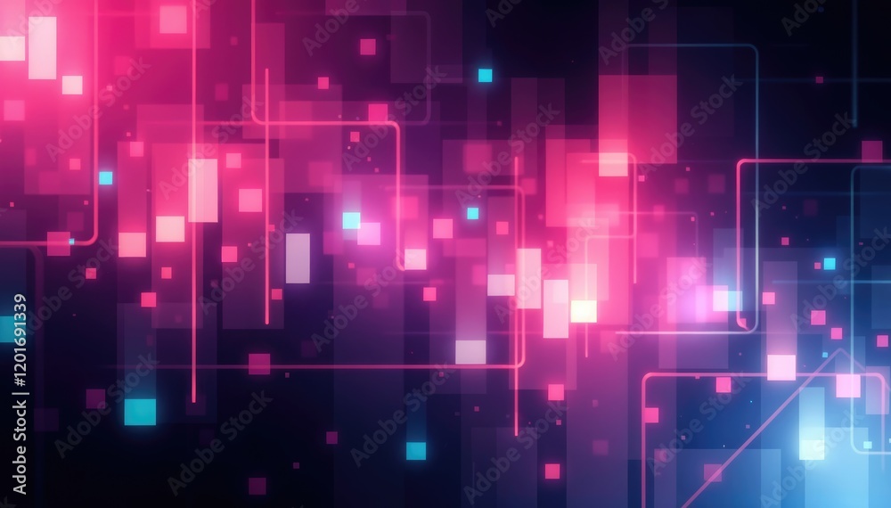 Poster abstract background with glowing pink and blue squares and pixelated style