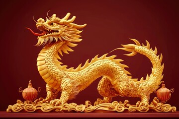 Fototapeta premium Majestic Golden Dragon Statue, Chinese Mythology, Symbol of Power and Good Fortune