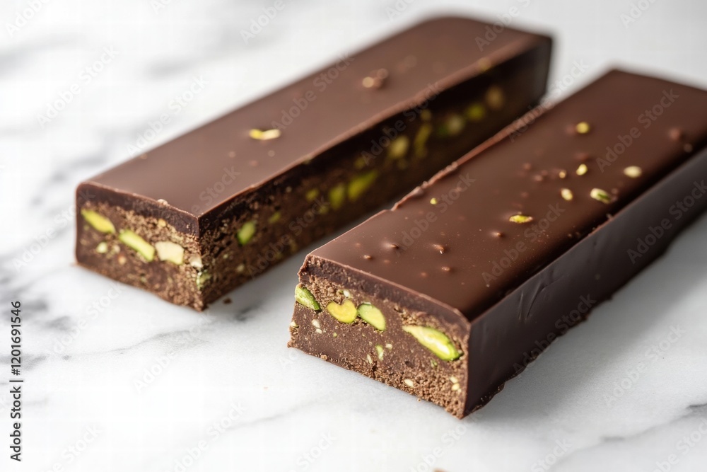 Poster indulgent chocolate bar filled with rich pistachio paste and crunchy nuts. generative ai