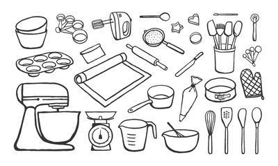 Set of hand drawn various baking tools isolated on white background. Simple illustration of cooking utensils