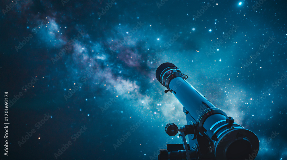 Wall mural exploring the universe through a telescope under a starry sky. generative ai