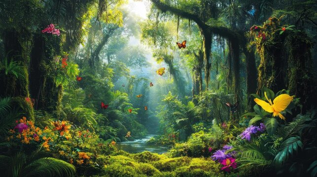 Tropical rainforest filled with exotic flowering trees with bright colors blooming along the river, background wallpaper AI generated image