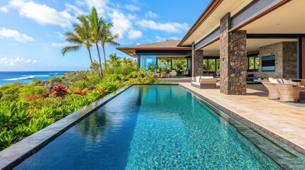 Fototapeta premium Luxurious beachfront villa with large rectangular swimming pool located just steps from the shoreline background wallpaper AI generated image