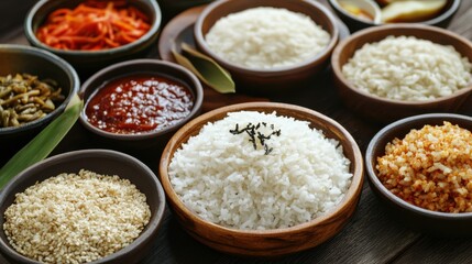 Cooked rice with various sauces and condiments. Featuring a variety of sauces on a plate with rice. Emphasizing the versatility and flavors of rice dishes. Ideal for recipe books and culinary content.