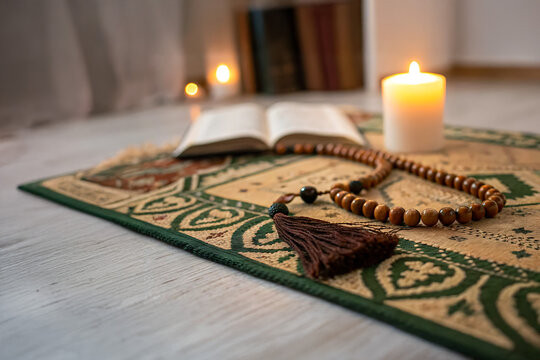 Wooden Tasbih Beads on Ornate Prayer Mat Illuminated by Candlelight
