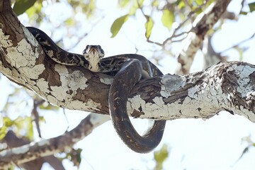 Naklejka premium An emerald boa constrictor coiled around a tree branch, its scales shimmering in the sunlight.