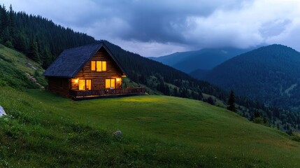 Fototapeta premium Mountain cabin at dusk, illuminated windows, scenic view, peaceful retreat, ideal for travel brochures