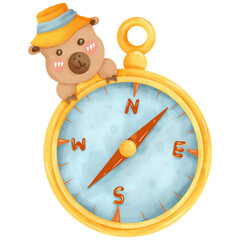 Capybara in camping theme, hand drawn watercolor