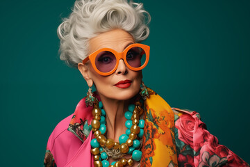 Stylish grandmother portrait. Funny senior old woman dressing elegant clothes with modern eclectic accessories. Cool senior fashion model on colored background
