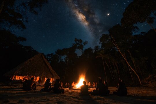 Indigenous people gathering around bonfire under milky way in amazon rainforest