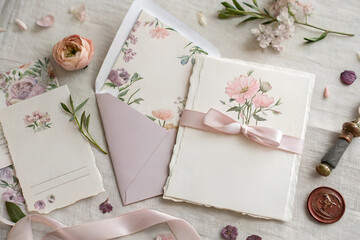 Elegant floral wedding invitation set with pink ribbon and envelope, surrounded by soft pastel decor and greenery, ideal for luxury wedding branding or stationery inspiration