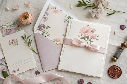 Elegant floral wedding invitation set with pink ribbon and envelope, surrounded by soft pastel decor and greenery, ideal for luxury wedding branding or stationery inspiration