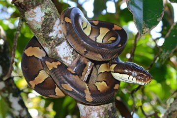 Fototapeta premium An emerald boa constrictor coiled around a tree branch, its scales shimmering in the sunlight.