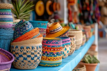 Colorful handmade baskets and hats displayed on shelf in mexican market