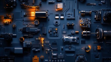 Fototapeta premium Intricate Arrangement of Industrial Components and Machinery Parts on a Dark Background with Illuminated Elements for Technological Themes