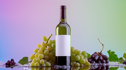 Fototapeta premium A bottle of wine surrounded by green and purple grapes on a colorful gradient background