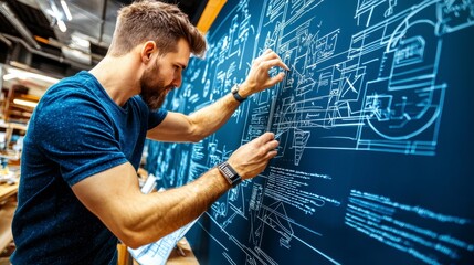 Architect engaging in blueprint design workshop technical drawing indoor space close-up creative process