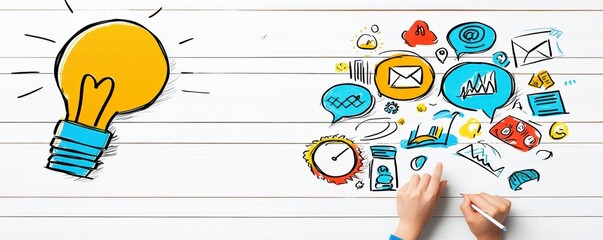 Creative idea generation workshop office digital content bright environment top-down view innovation concepts