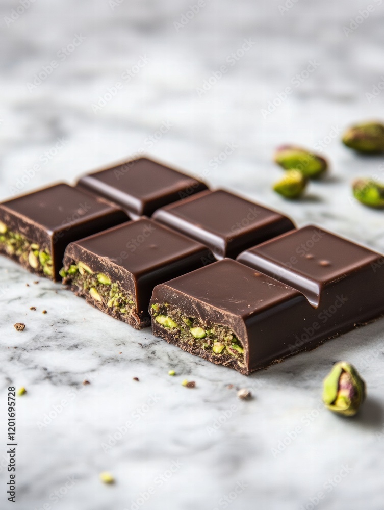 Poster delicious chocolate bar filled with pistachio paste served on a marble surface. generative ai