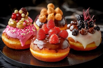 Gourmet Donut Quartet: Four decadent donuts, each uniquely adorned with fresh berries, chocolate, and gourmet toppings, arranged on a dark slate platter.  A delightful image perfect for food blogs.
