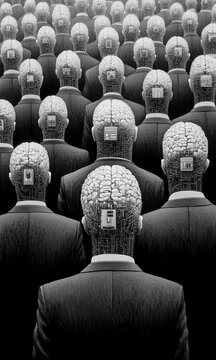Black and white identical men in suits with exposed, mechanized brains, symbolizing mind control, conformity, and artificial intelligence.  
