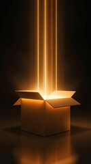 A mysterious cardboard box emitting radiant golden light beams on a reflective surface, evoking curiosity, discovery, and abstract wonder