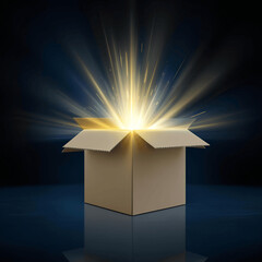 A mysterious cardboard box emitting radiant golden light beams on a reflective surface, evoking curiosity, discovery, and abstract wonder