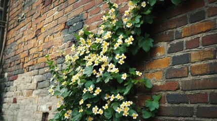 Naklejka premium Flowering Vine Against Weathered Brick Wall Showing a Beautiful Contrast of Nature and Manmade Structure