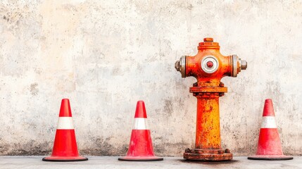 Outdoor fire hydrant equipment. A vibrant orange fire hydrant stands between three red safety cones against a textured wall.