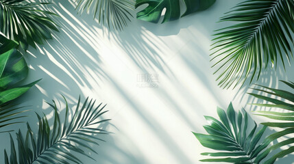 vibrant tropical leaves background with palm and monstera flat lay showcasing shadows and green textures for summer vibes or botanical ambient photography