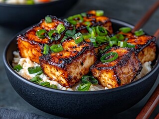 Fototapeta premium A bowl of tofu with rice and green onions in it