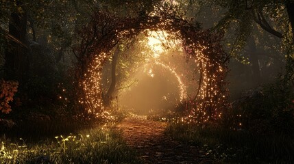 A magical portal in the form of an arch made of tree branches and vines, sparkling background wallpaper AI generated image