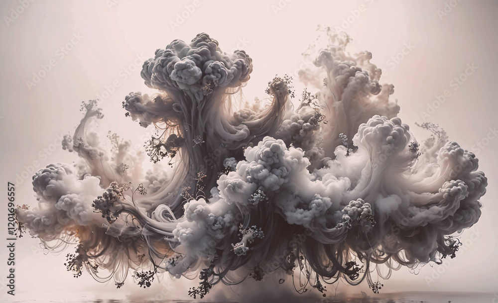 Poster A large cloud of smoke is depicted in the image, with a sense of chaos and confusion. The smoke is swirling and twisting, creating a sense of movement and energy. Scene is one of disarray and