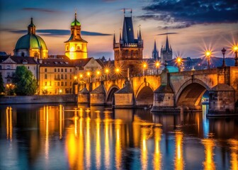 Fototapeta premium Stunning night photography captures Charles Bridge's magic, illuminating Prague's iconic landmark.