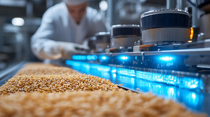 Automated Grain Processing: High-Tech Food Production Line with Wheat Grains