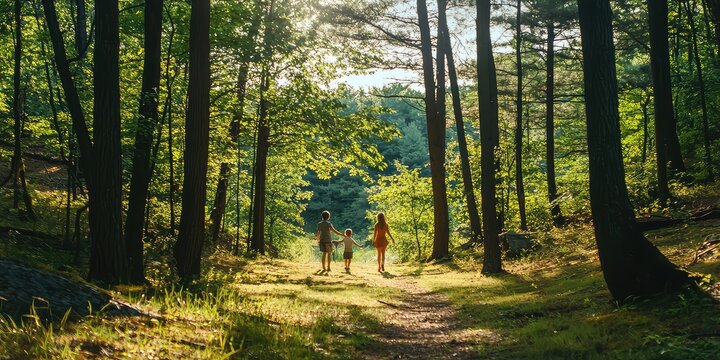 A family enjoying a day outdoors in a forest, walking, laughing, and embracing nature together. - Powered by Adobe
